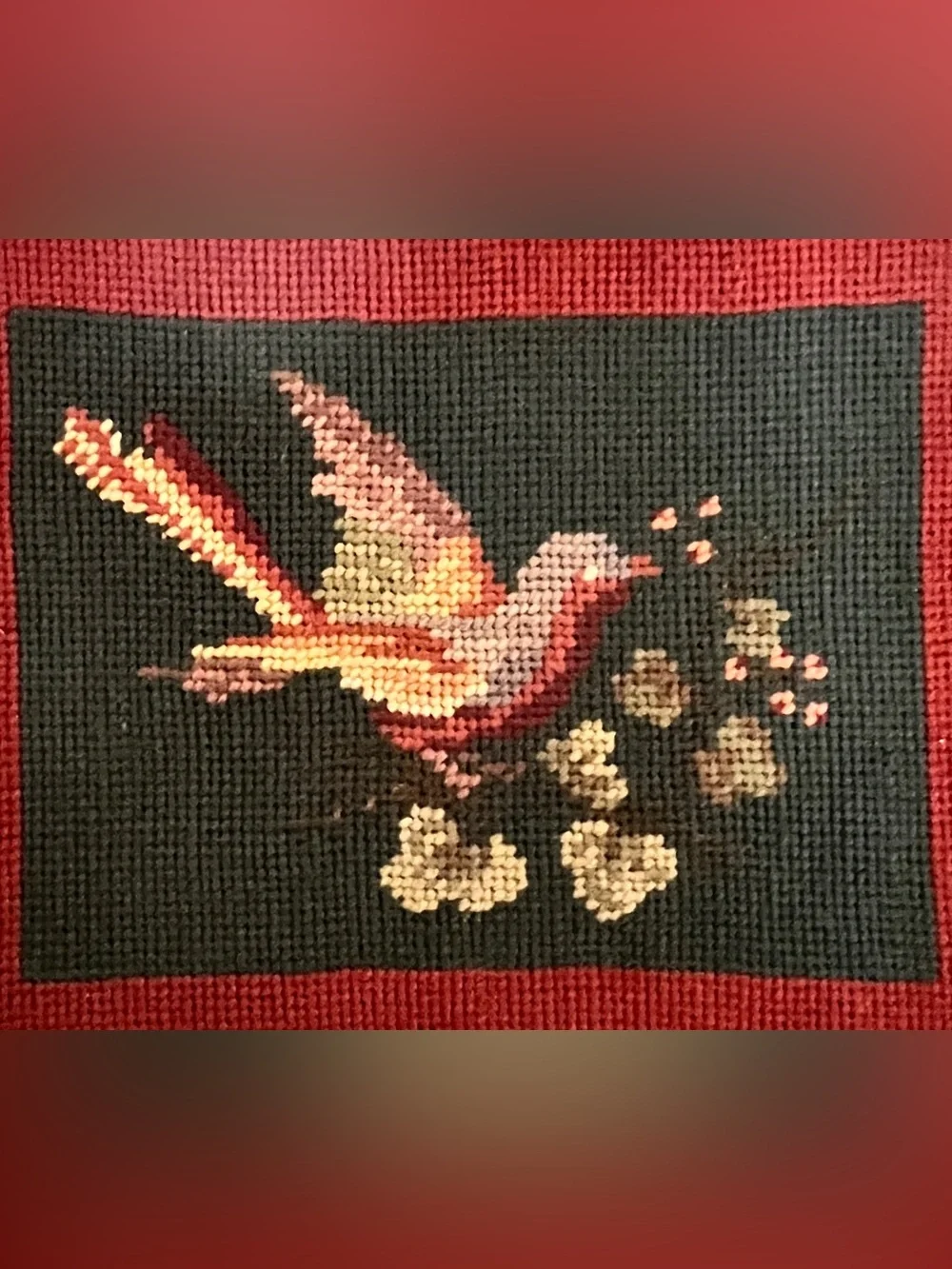 Vintage Framed Bird Needlepoint Wall Art Mid Century Red Wood Frame 8x10